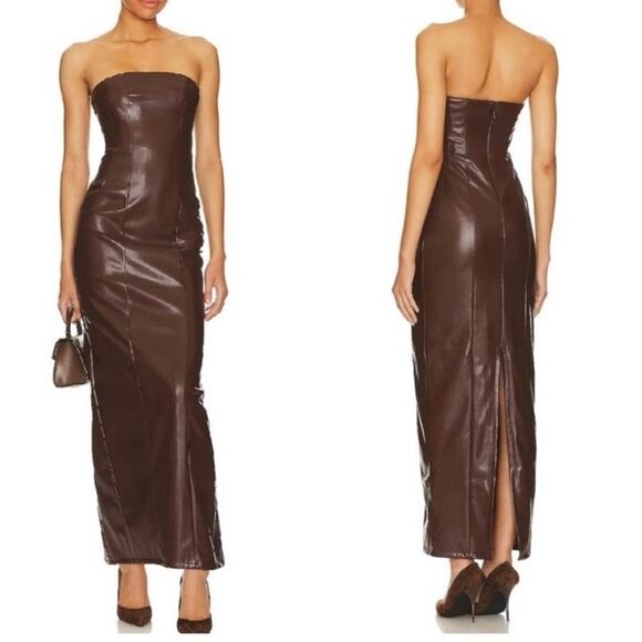 Lovers + Friends X Rachel Ana‎ Brown Faux Leather Maxi Dress Small Strapless S